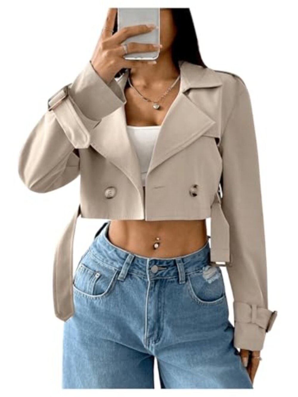 Cropped Trench Coat Double Breasted Notched Lapel Casual Fall Outerwear